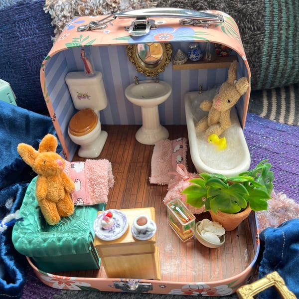 Rabbit Bathroom  doll's house in a suitcase 