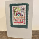 Handmade card sampler embroidery with a house, tree and flowers