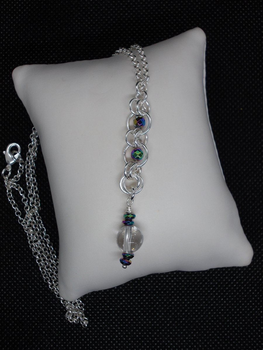 SALE - Chainmaille pendant with haematite and quartz