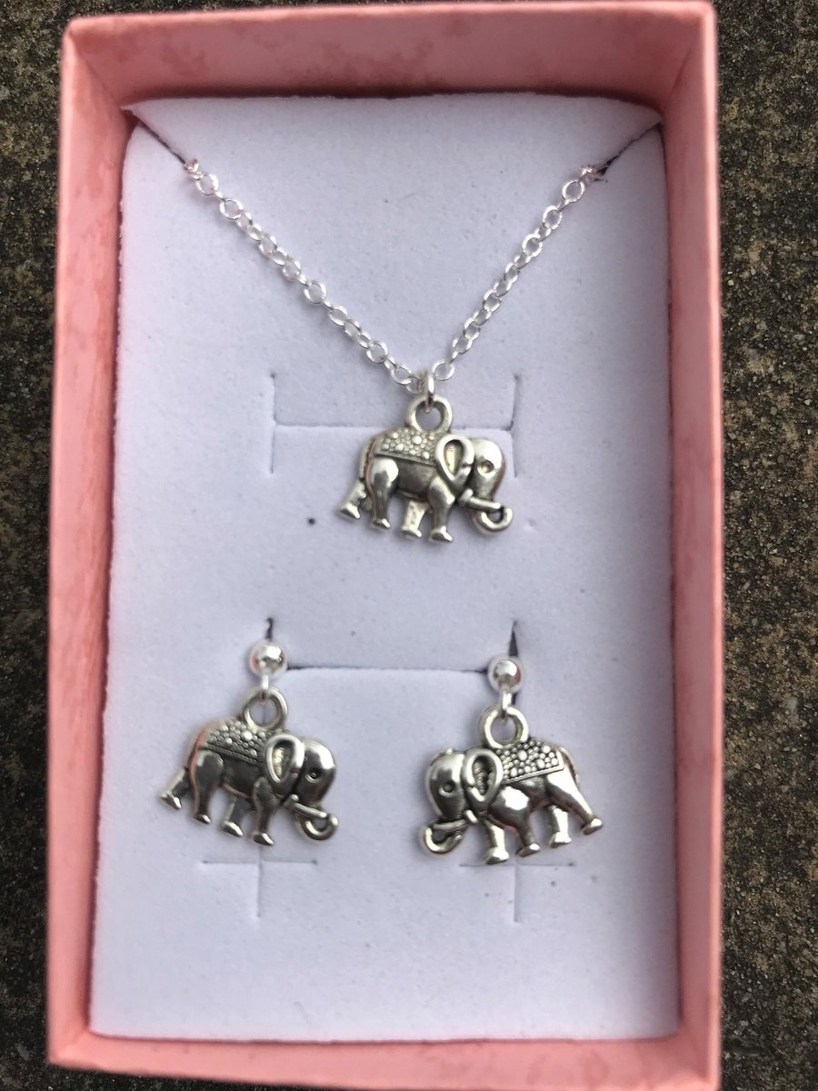 Silver Elephant Necklace and Earrings Set