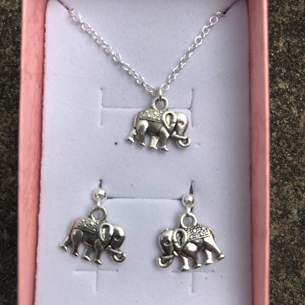 Silver Elephant Necklace and Earrings Set