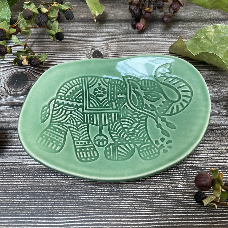 HANDMADE Ceramic Green Elephant Design Dish 