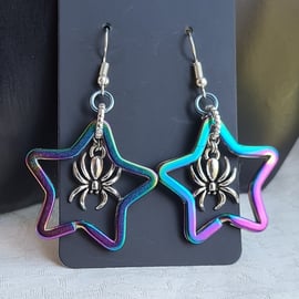 Gorgeous Rainbow Star and Silvery Spider Earrings - Silver Tone Ear Wires.
