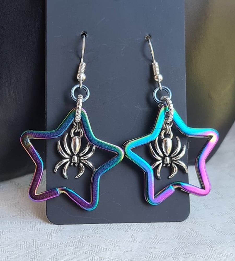 Gorgeous Rainbow Star and Silvery Spider Earrings - Silver Tone Ear Wires.