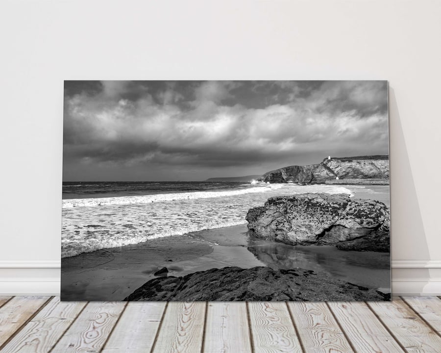 Portreath on a stormy day, Cornwall. Canvas picture print. 14"x10" (18mm depth)