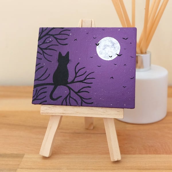 Cat and Bats Painting - silhouette mini art of moonlit scene