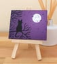 Cat and Bats Painting - silhouette mini art of moonlit scene