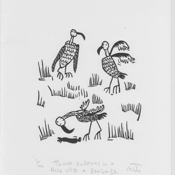 Three Vultures in a Field with a Sausage - lino cut print