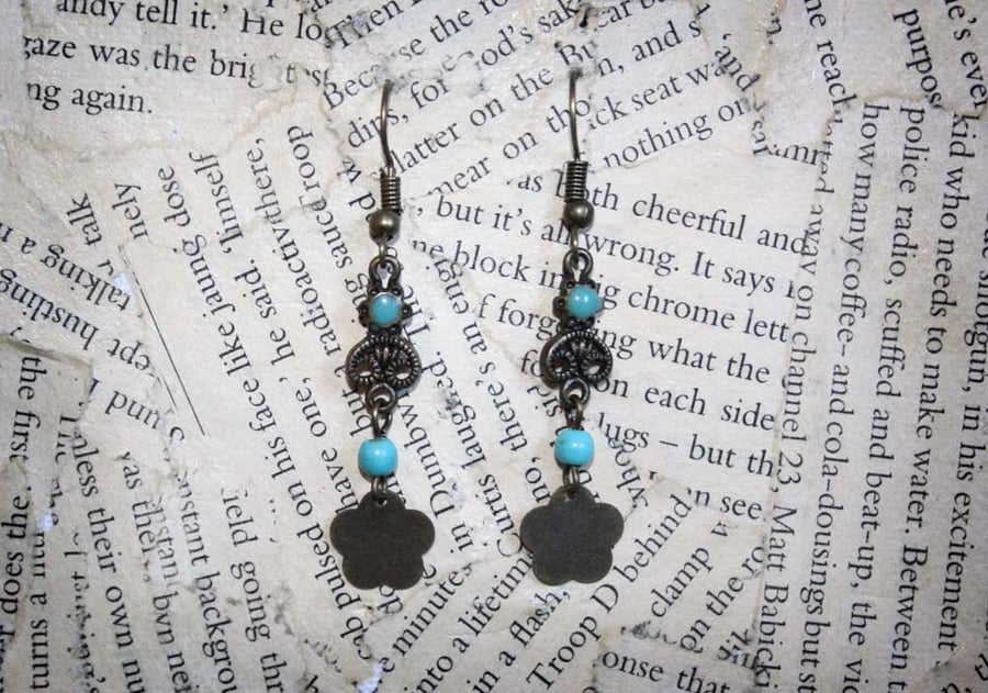 Antique Gold Flower Turquoise Bead Dangle Hook Earrings