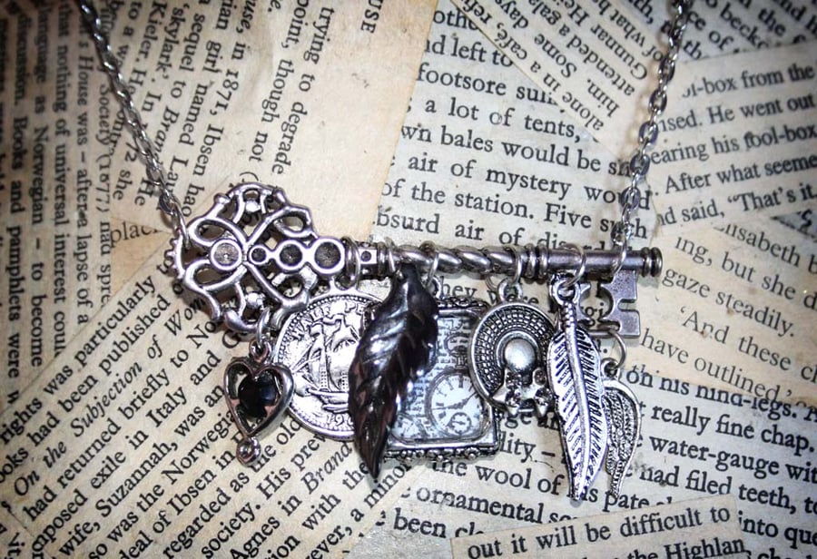 Silver Key Multi Charm Feather Leaf Heart Necklace