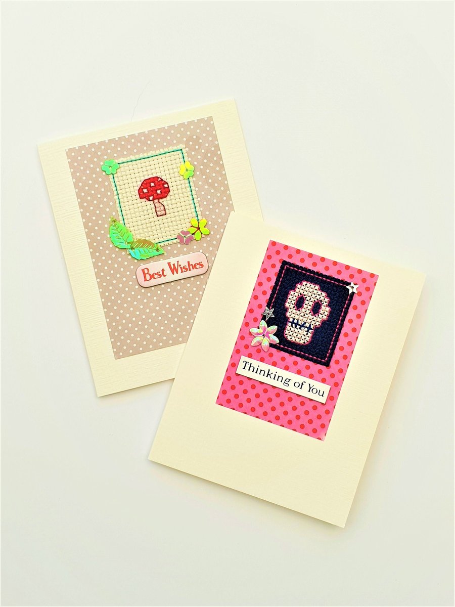Mushroom theme & Skull Cross Stitch Note Cards with Sequins - Set of 2