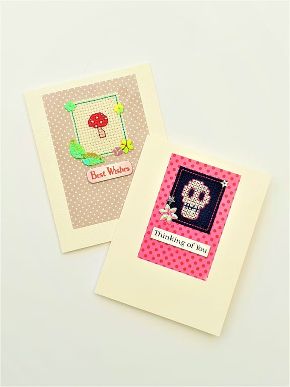 Mushroom theme & Skull Cross Stitch Note Cards with Sequins - Set of 2