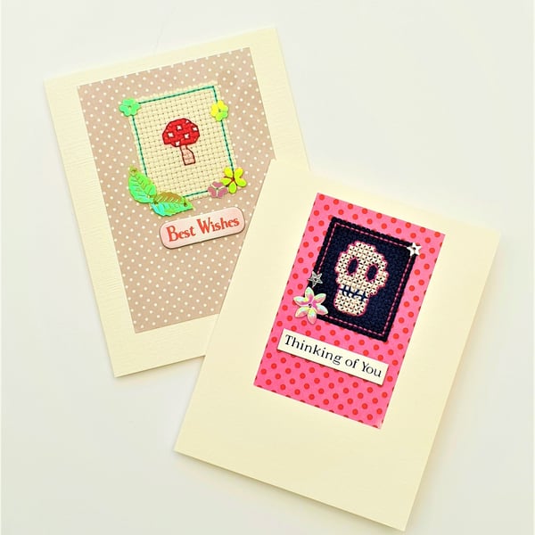 Mushroom theme & Skull Cross Stitch Note Cards with Sequins - Set of 2