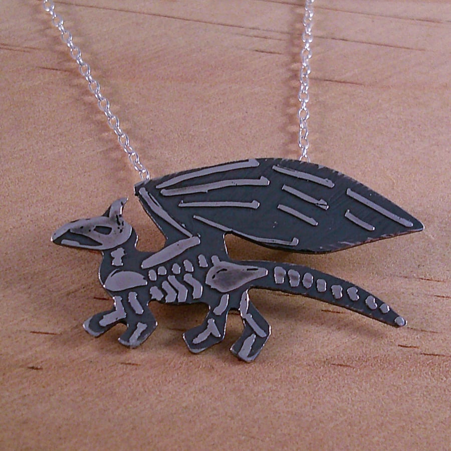 Sterling Silver Dragon Skeleton Necklace (SKU070325)