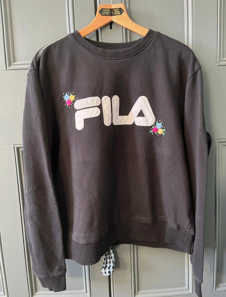 Hand-Embroidered Black Fila Sweatshirt – One-of-a-Kind