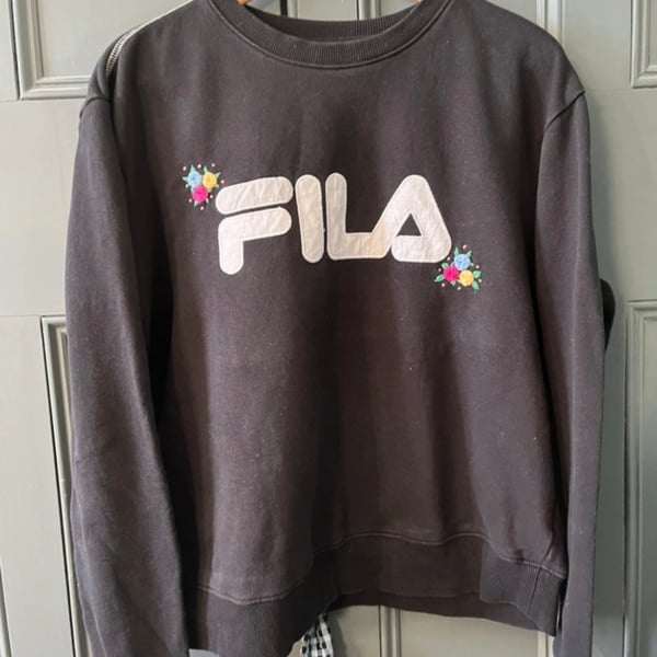 Hand-Embroidered Black Fila Sweatshirt – One-of-a-Kind