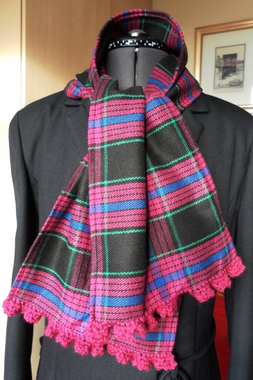 Tartan scarf, pinky purple, blue green,very dark brown, crochet edge