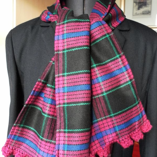 Tartan scarf, pinky purple, blue green,very dark brown, crochet edge