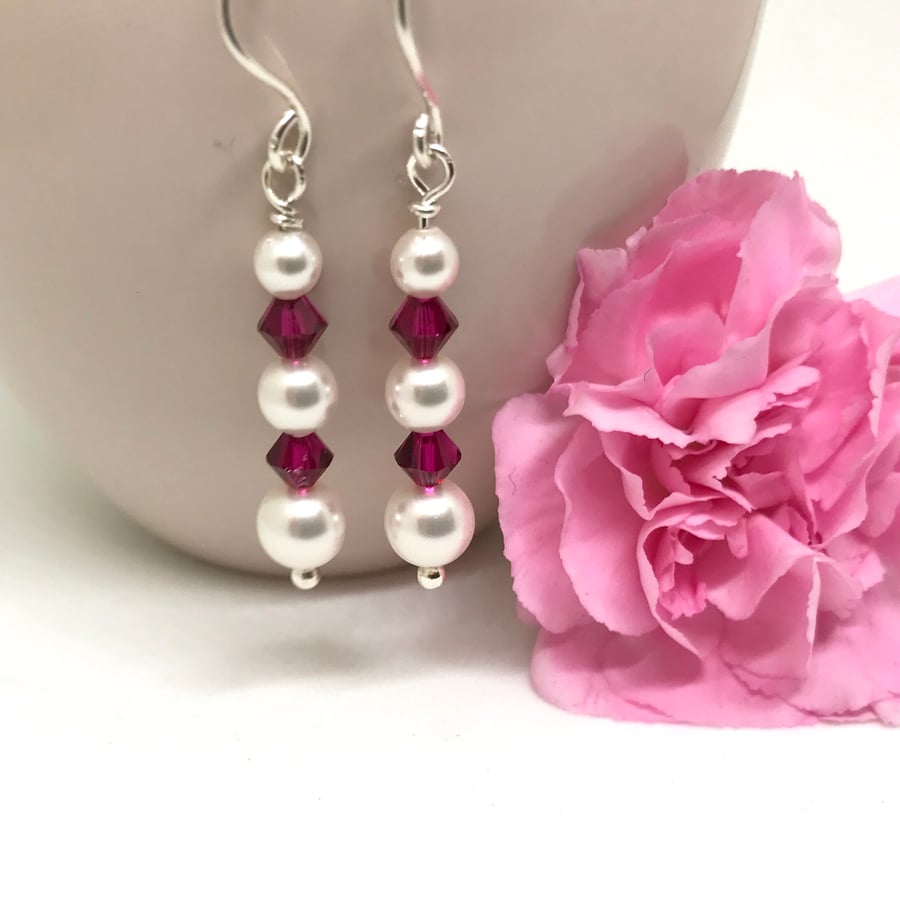 Sterling Silver Drop Earrings, Crystals and Pearls, Red & White, Gift For Her