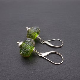 sterling silver lever back earrings, green sparkle beads