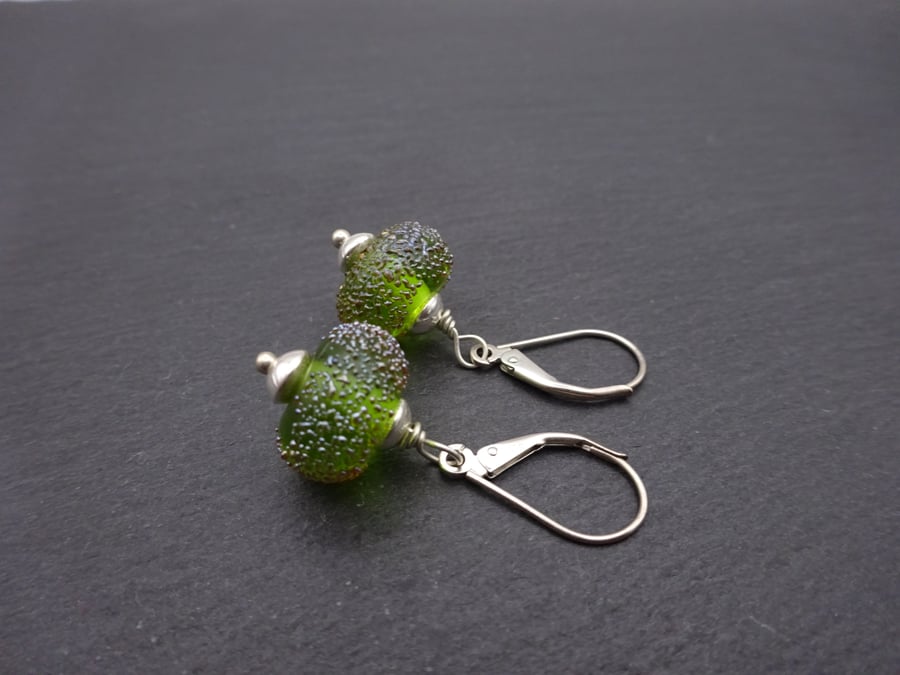 sterling silver lever back earrings, green sparkle beads