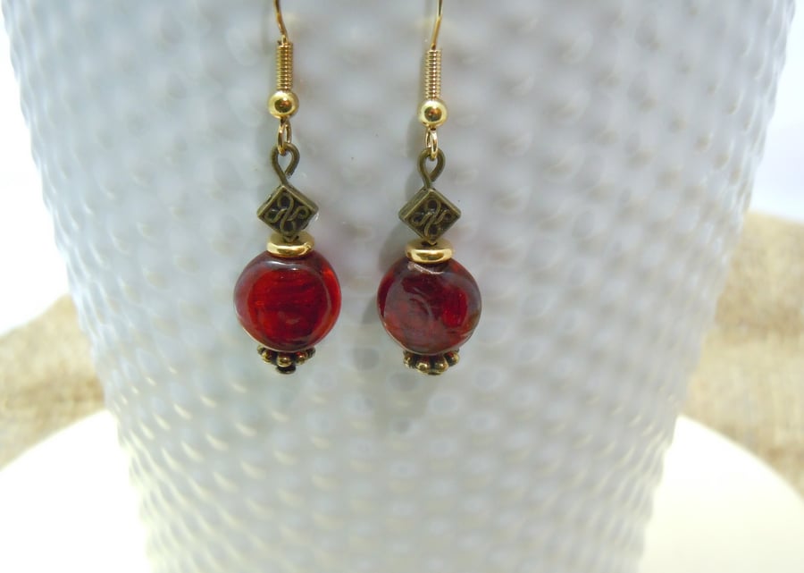 Gold plate red glass bead earrings