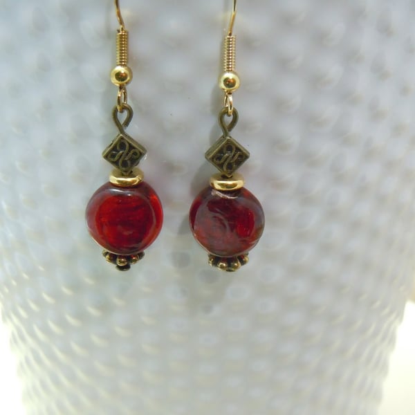 Gold plate red glass bead earrings