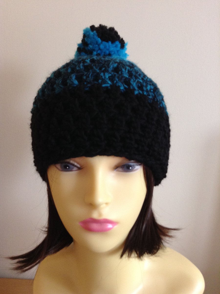 Crochet Pompom Hat in Black and Turquoise 