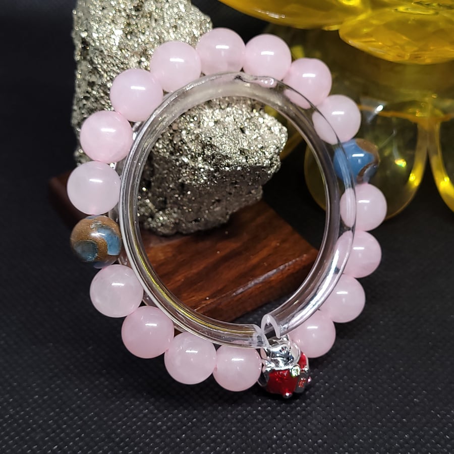 Lake Blue Cloisonne Rose Quartz Lucky Cat Charm 16cm stretch crystal bracelet