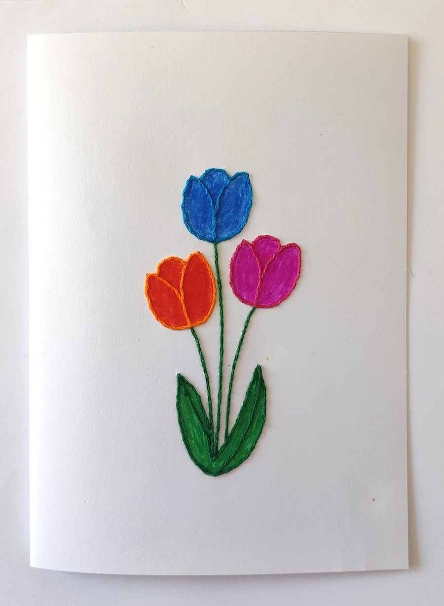 Hand stitched and coloured tulip greeting card folding card 