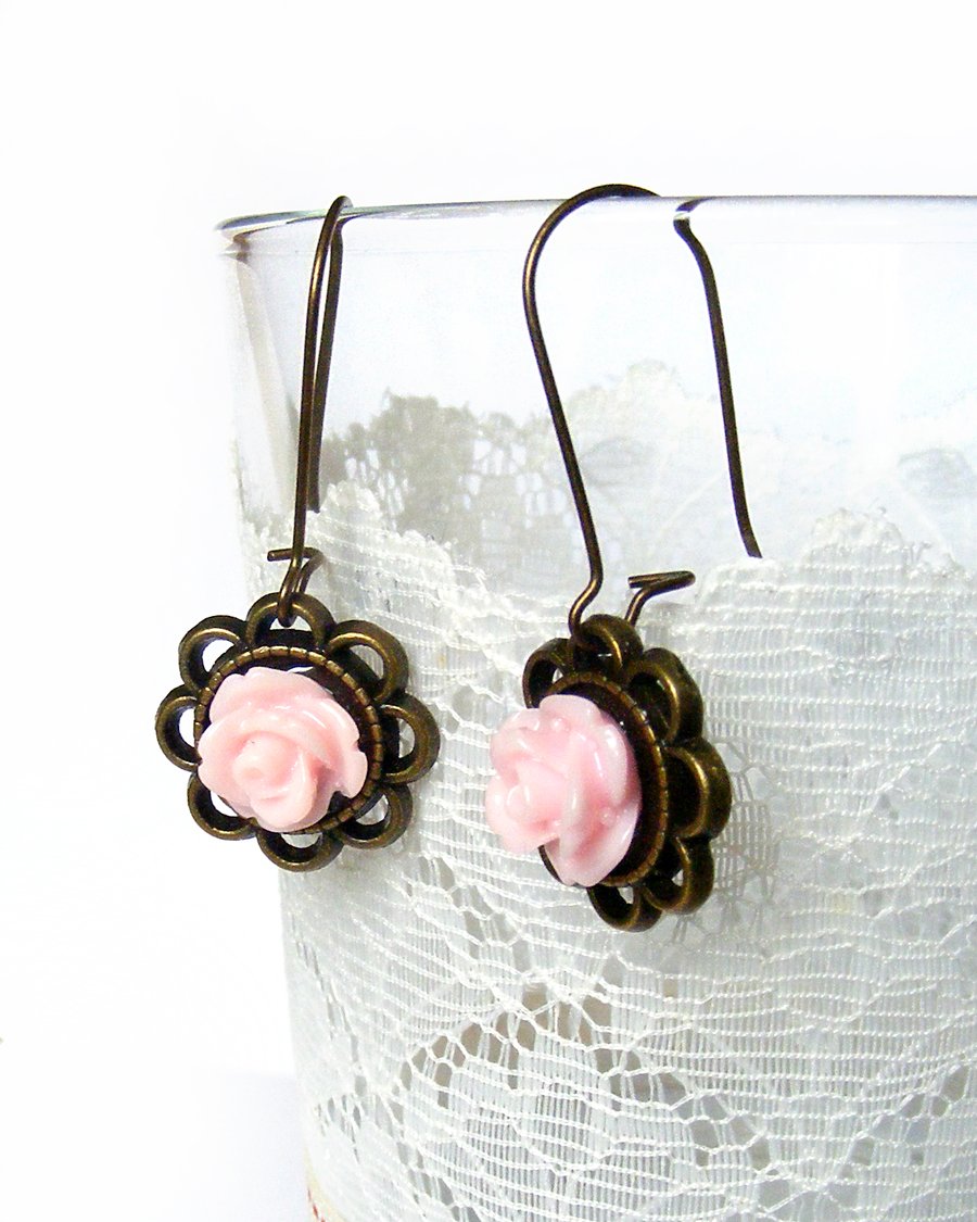 SALE! 20% off! Pink Rose Cabochon Earrings on Bronze Flowers