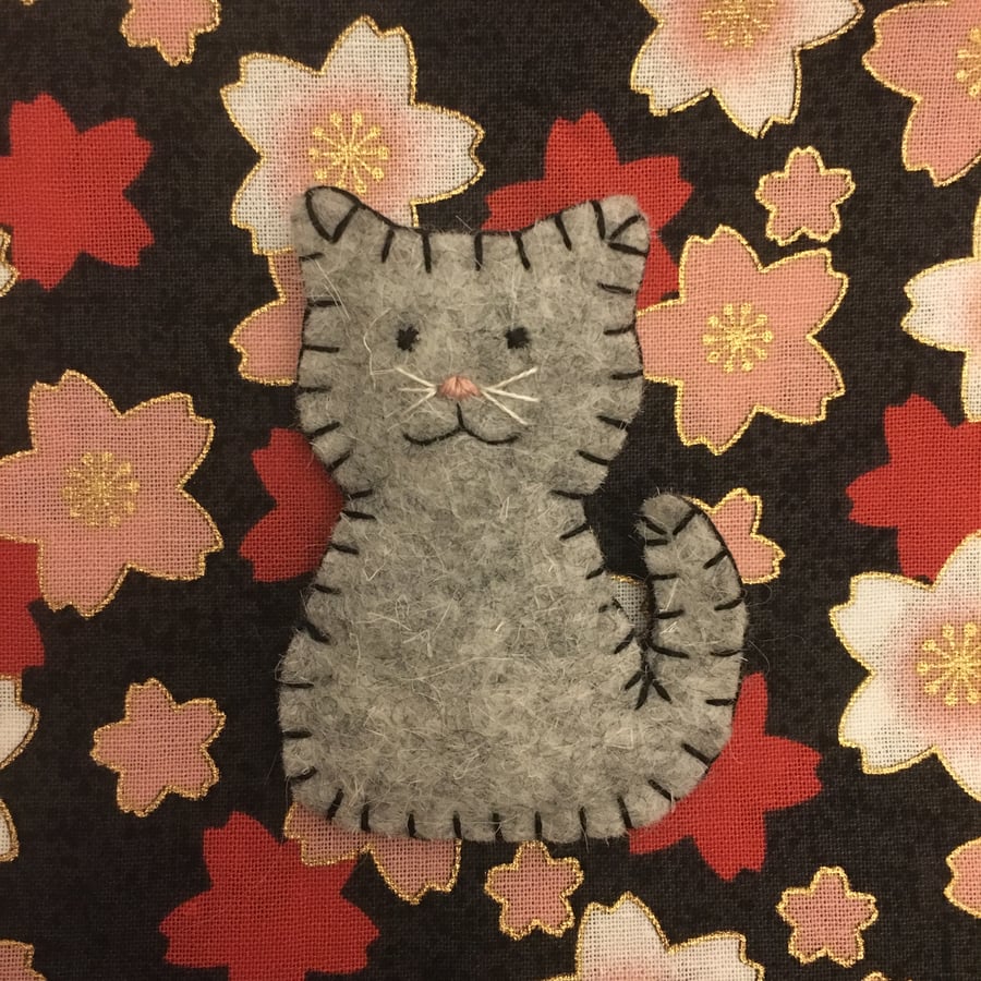 Woollen Felt Cat Brooch Hand Embroidered