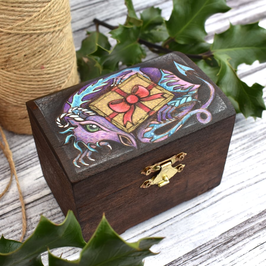 SALE The Gifting Dragon. Small rustic wooden felt lined chest