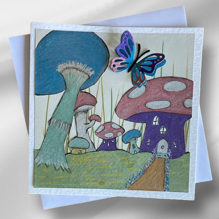 Blank Mushroom Village Greetings Card. Fantasy Mushroom Card.