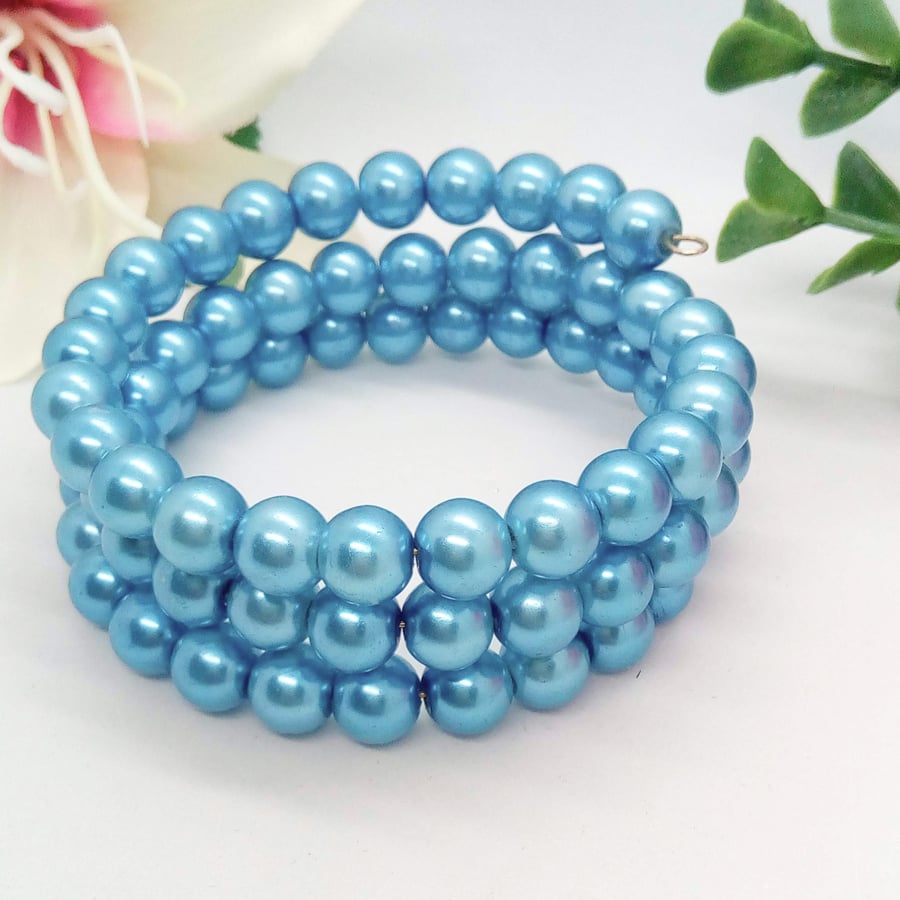 Blue Pearl Bead Memory Wire Cuff Bracelet, Boho Jewellery, Beach Jewellery