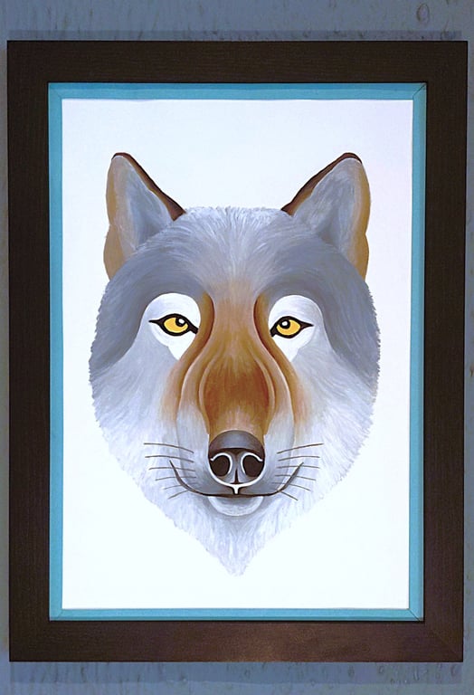 Handmade Unique Framed A3 Print Wolf Portrait Sky Blue Border Wallart Gift