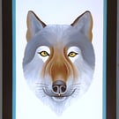 Handmade Unique Framed A3 Print Wolf Portrait Sky Blue Border Wallart Gift