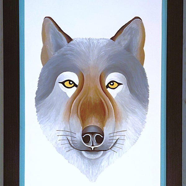 Handmade Unique Framed A3 Print Wolf Portrait Sky Blue Border Wallart Gift