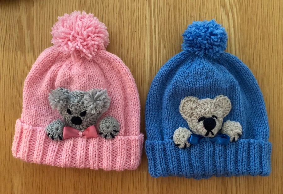 Hats with Teddy Bear Faces Choice Of Two Colours Fits 1-2 Years (R886)