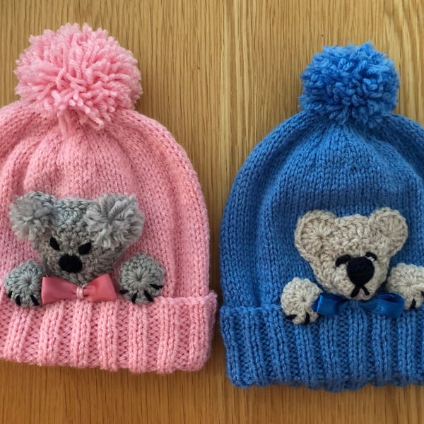 Hats with Teddy Bear Faces Choice Of Two Colours Fits 1-2 Years (R886)
