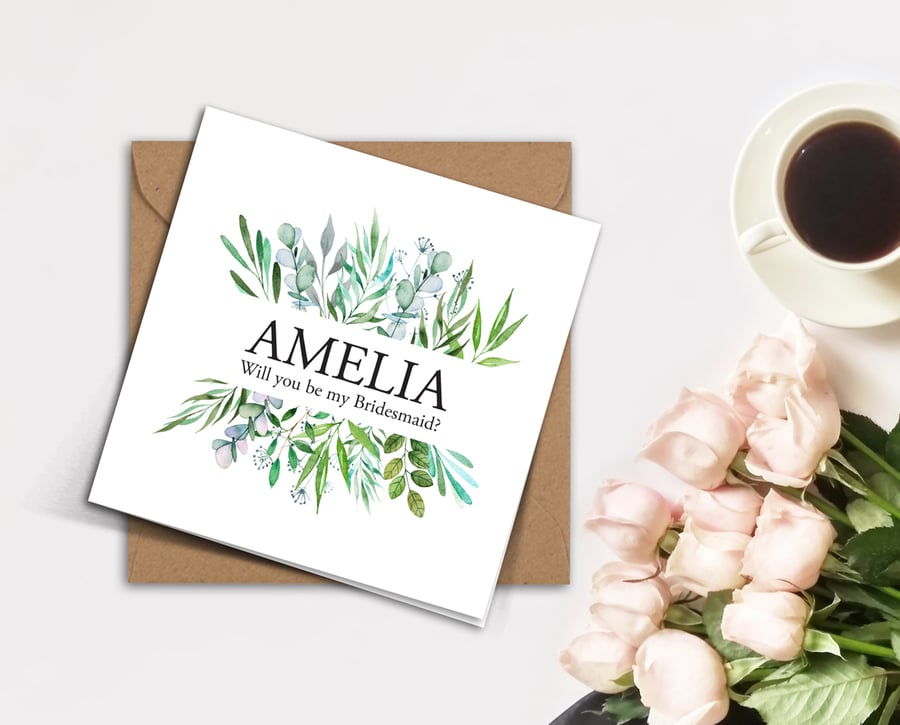 PERSONALISED rustic wedding greenery foliage floral Bridesmaid invitation card