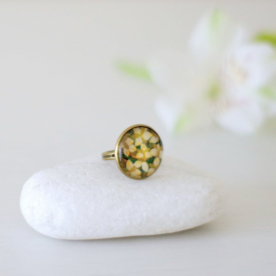 Flower Adjustable Ring, Green and Bronze Ring, Glass Ring, Floral Art Ring
