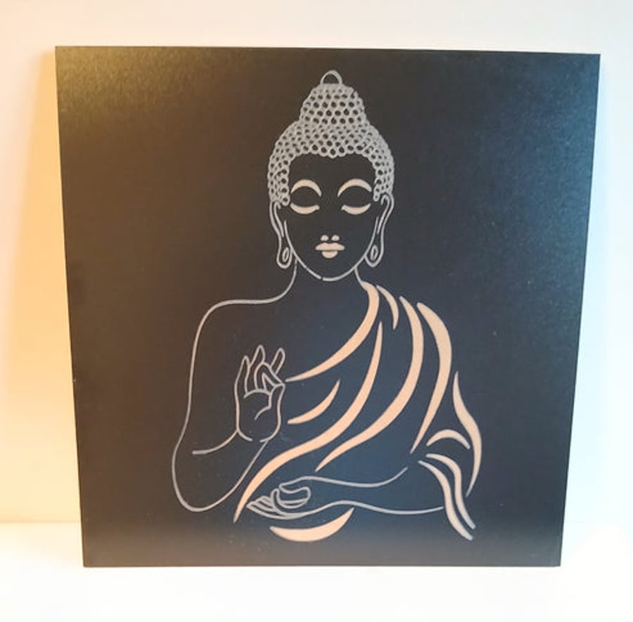Engraved Wall Art. Buddha. Black Veneer Wood, treated and durable. 39cm x 39c