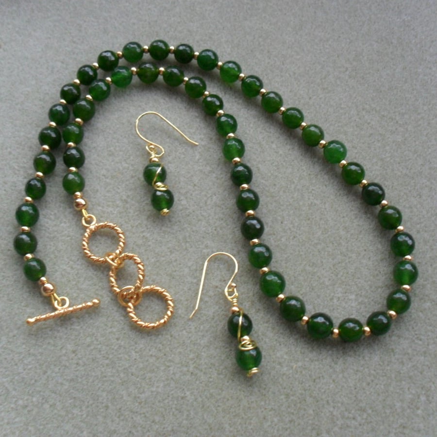 Green Dyed Quartz Necklace and Earrings Gold Plated Green Necklace