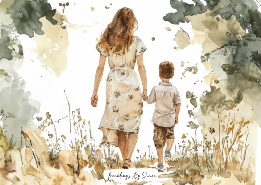 Tender Woman and Child Walking, Watercolor Painting Print 5"x7" on Matte Paper