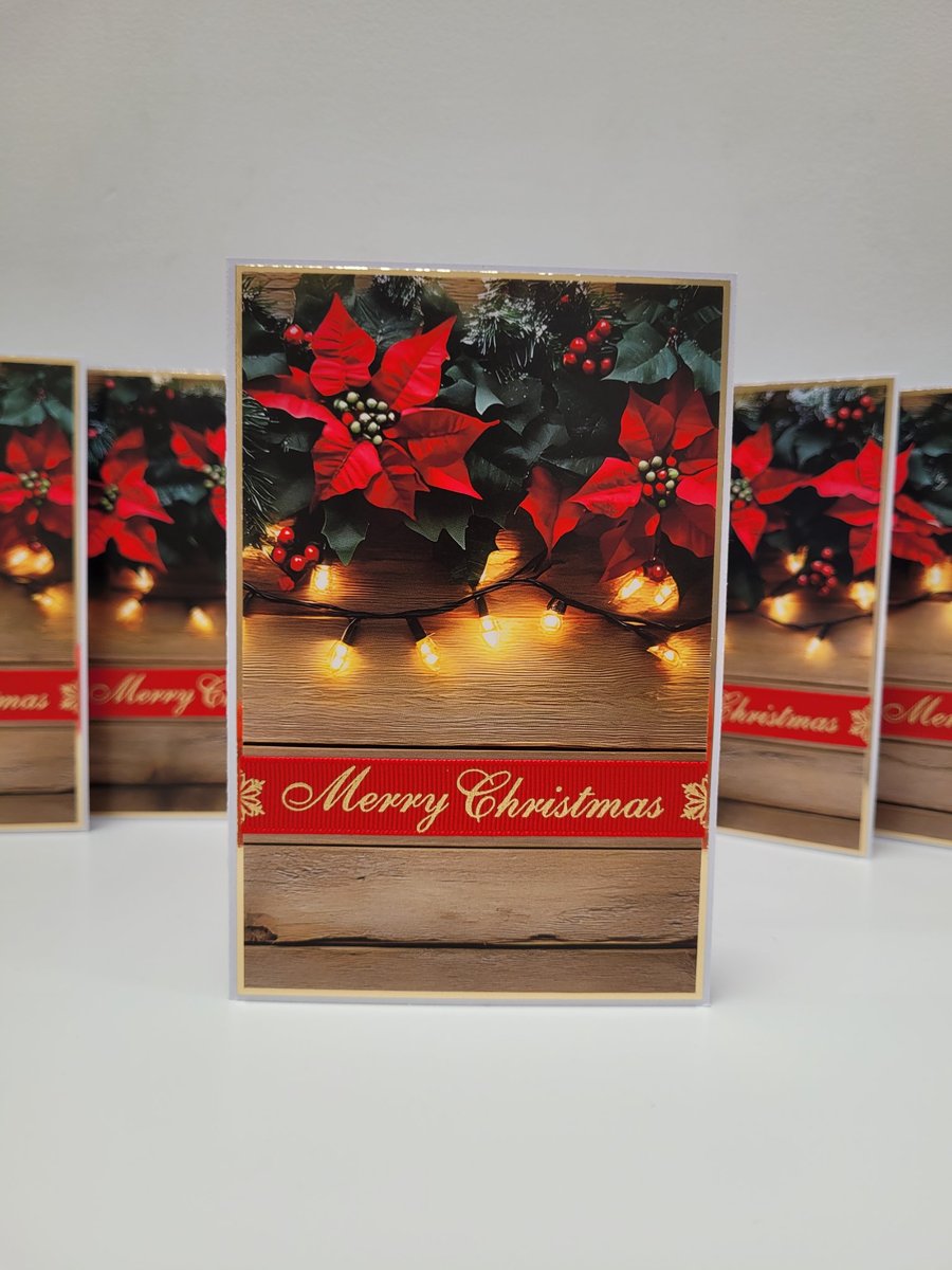 Set of 6 Poinsettia Christmas Cards – Festive Floral & Warm Fairy Lights Design
