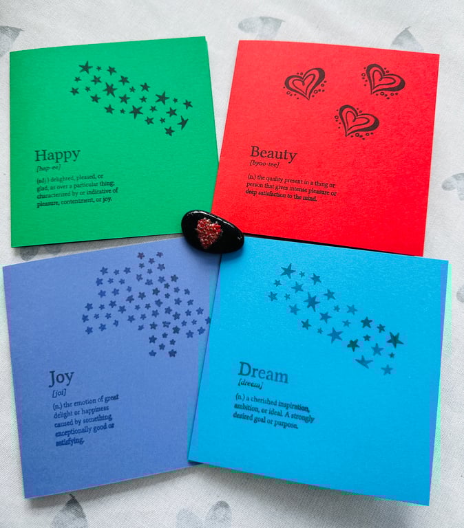 Pack of 4 motivational cards Affirmation,, blank. Dream beauty, happy joy