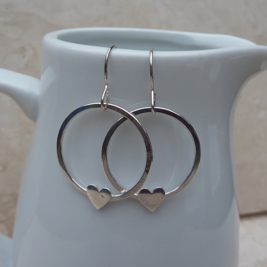 Sterling Silver Hoop Earrings with Heart Detail - SILV028