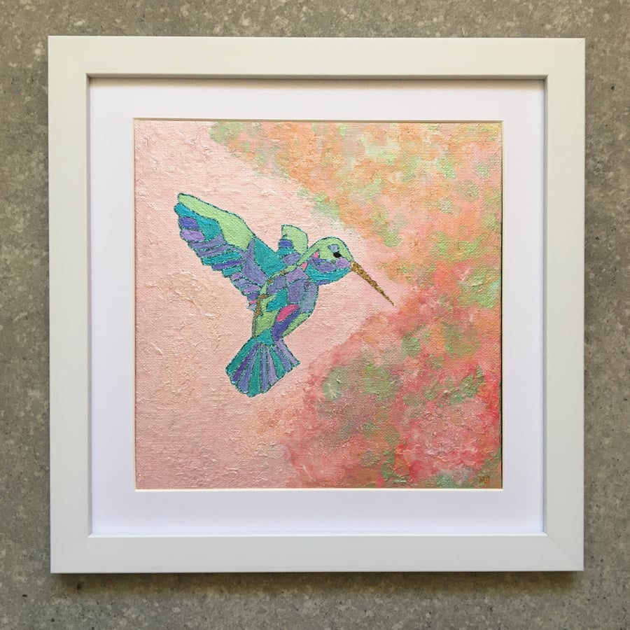 Hummingbird Pink Painting Acrylic Mosaic Original Art Tiffany Style Luck Joy 