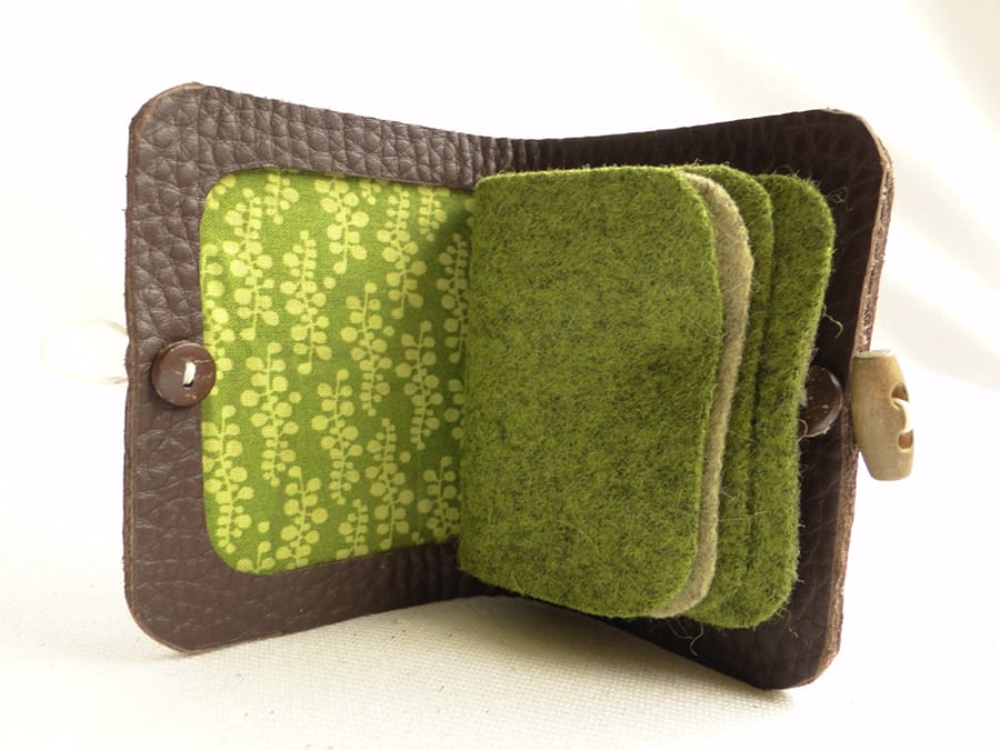Green Foliage Needle Case - Brown Leather  - Needle Book - Sewing Gift